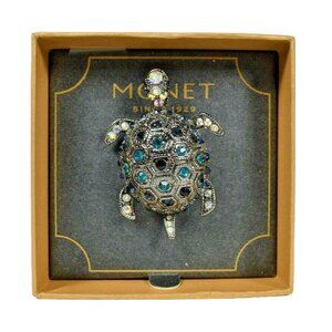 Monet Teal and AB Rhinestone Silver Tone Brooch Pin (New in Box)
